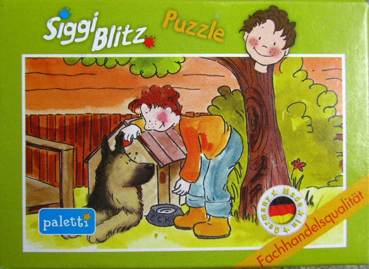Illustration of a red-headed child playing with a dog by a doghouse in a garden.