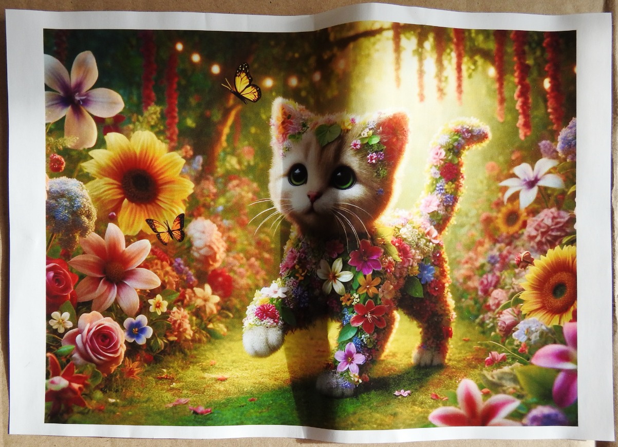A fluffy kitten adorned with colorful flowers standing in a sunlit garden with butterflies.