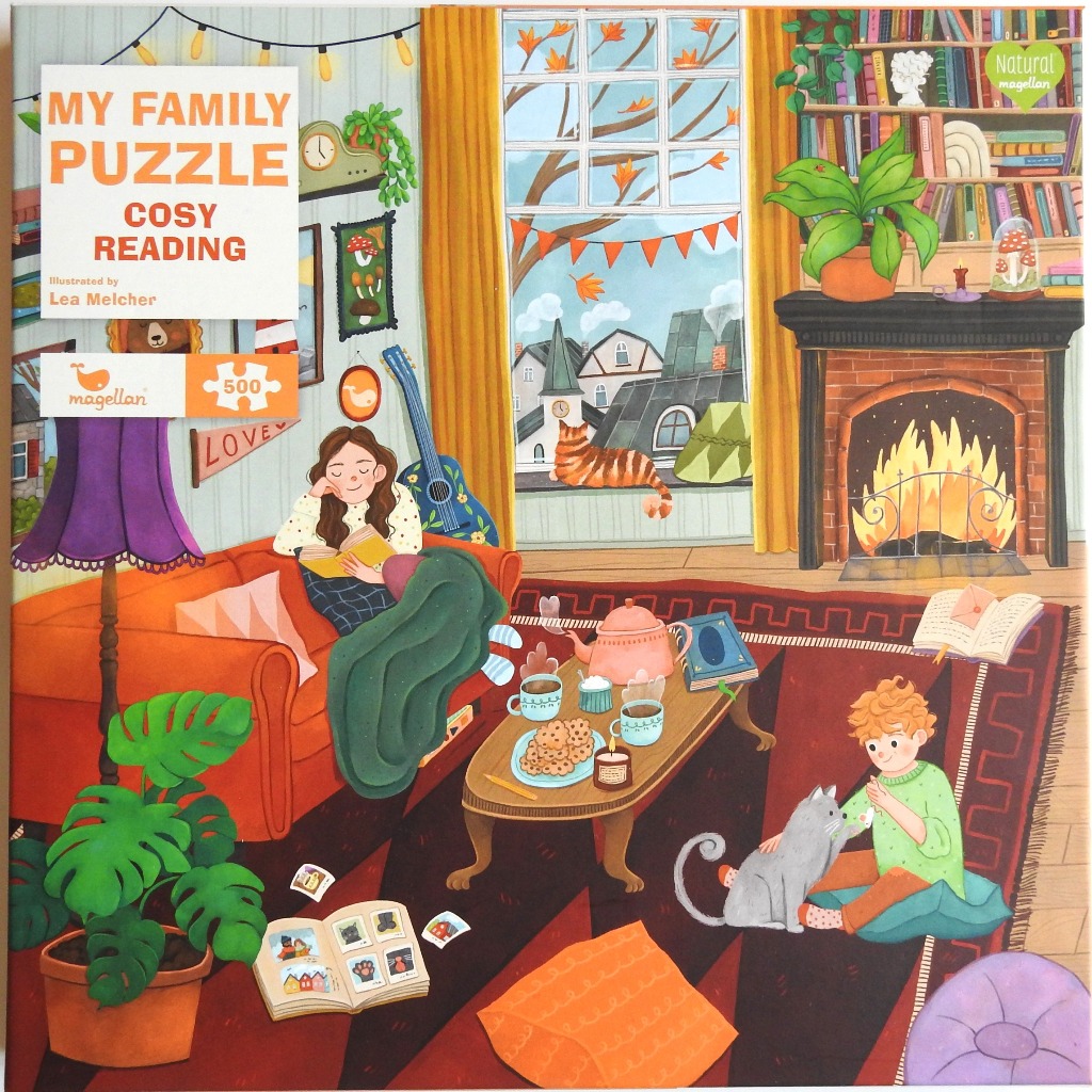 Illustration of a cozy living room with a reading woman, a boy with a cat, and a fireplace