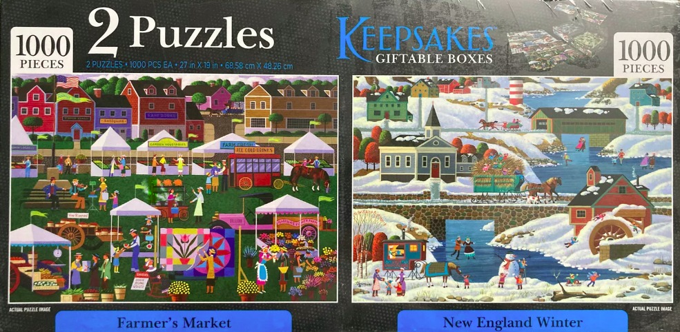 A split-panel illustration featuring a bustling summer farmers market on the left and a snowy New England winter on the right