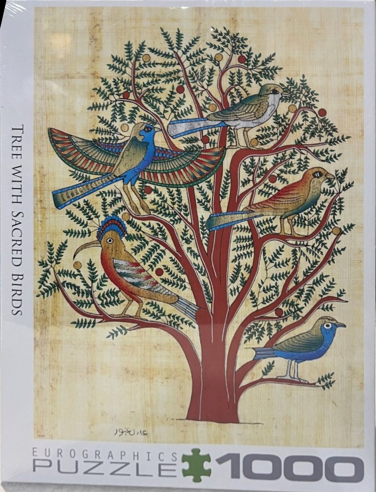 Egyptian-style papyrus painting of a tree with four colorful birds perched on its branches.