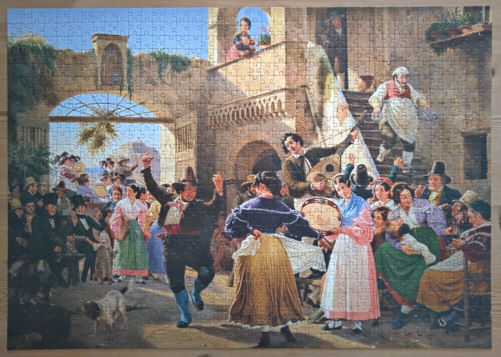A detailed 19th-century genre painting showing a lively Italian street festival scene with people dancing and playing music.