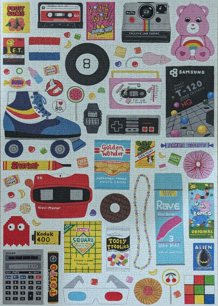 A nostalgic collage of 1980s pop culture icons and snack items
