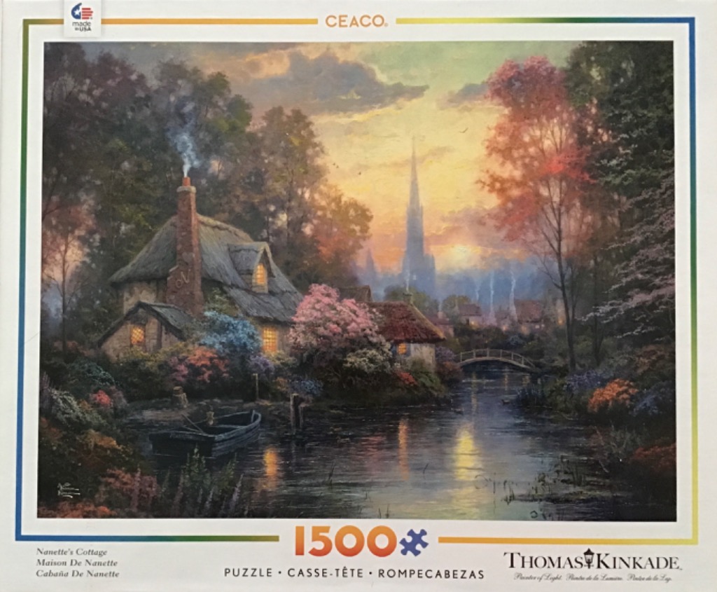 A peaceful cottage beside a stream at sunset with a distant church steeple.