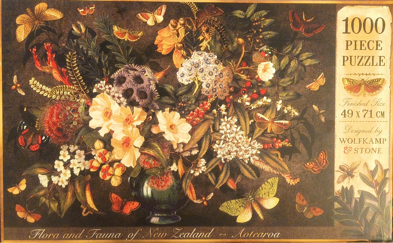 A detailed vintage-style botanical illustration featuring New Zealand flora and insects against a dark background.