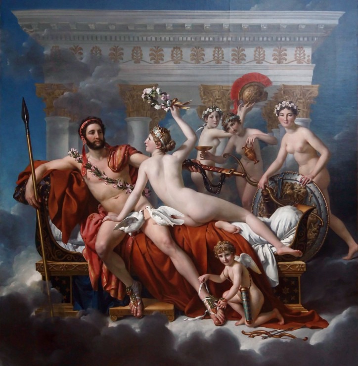 Neoclassical painting of a bearded man reclined on a couch surrounded by Venus and cherubs among clouds and pillars.