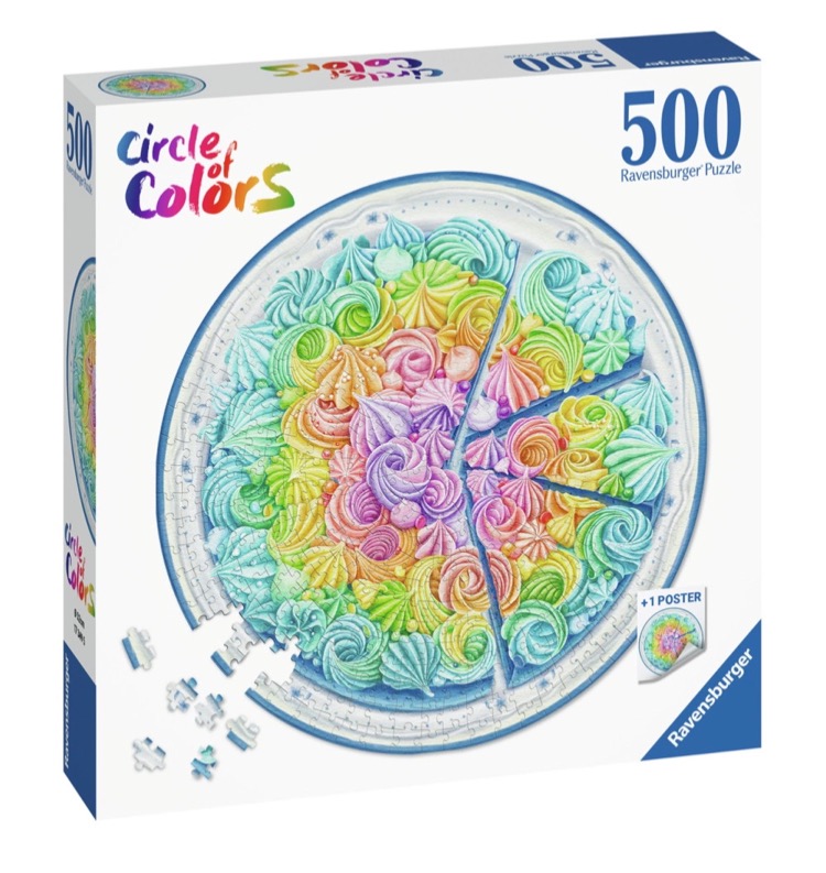 A circular illustration of pastel-colored piped meringue swirls arranged on a plate.