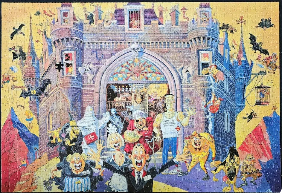A humorous cartoon scene of a monster-filled castle with various characters gathered at the entrance.