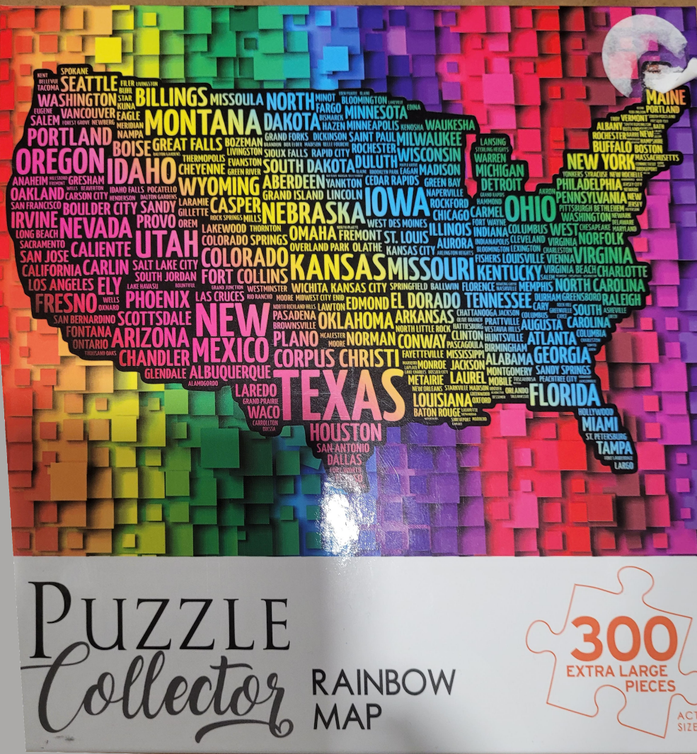 A word cloud map of the United States featuring cities and states on a vibrant rainbow pixelated background.