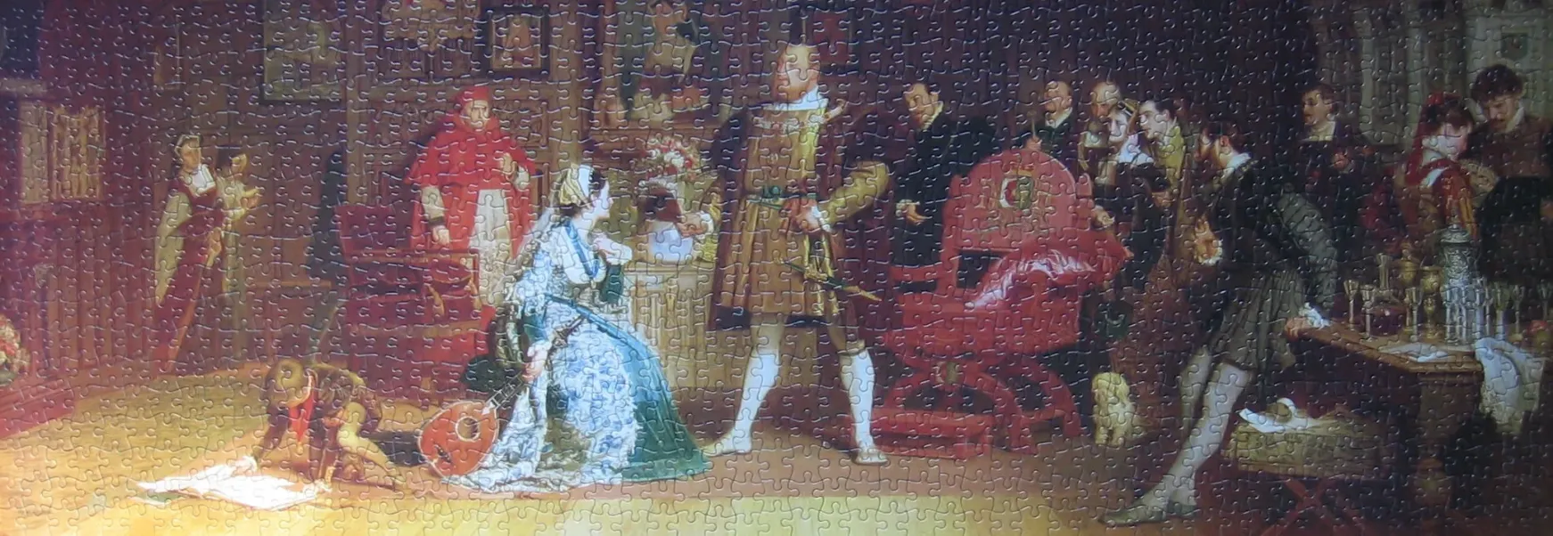 A historical painting scene featuring King Henry VIII standing before a seated woman in a grand, dimly lit interior.