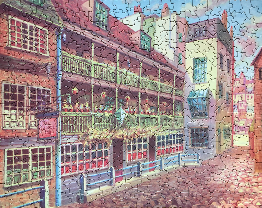 Painting of The George Inn featuring a historic multi-story timbered building with balconies on a cobblestone street.