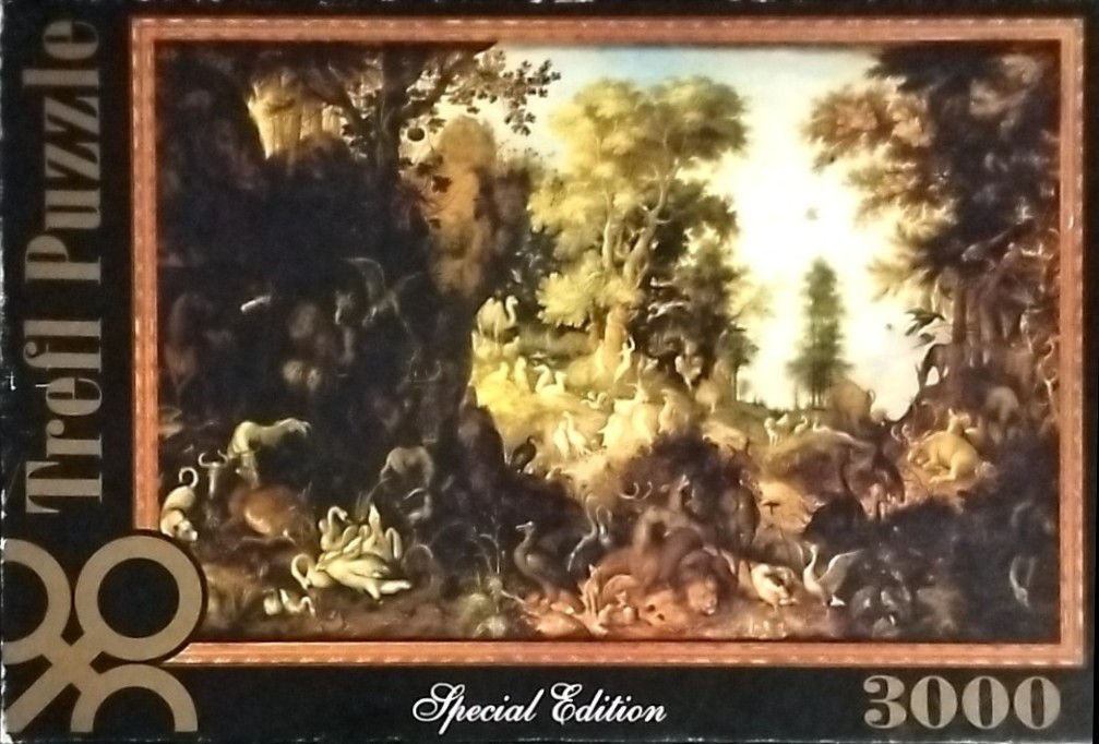 An oil painting of the Garden of Eden filled with various animals in a lush, wooded landscape.