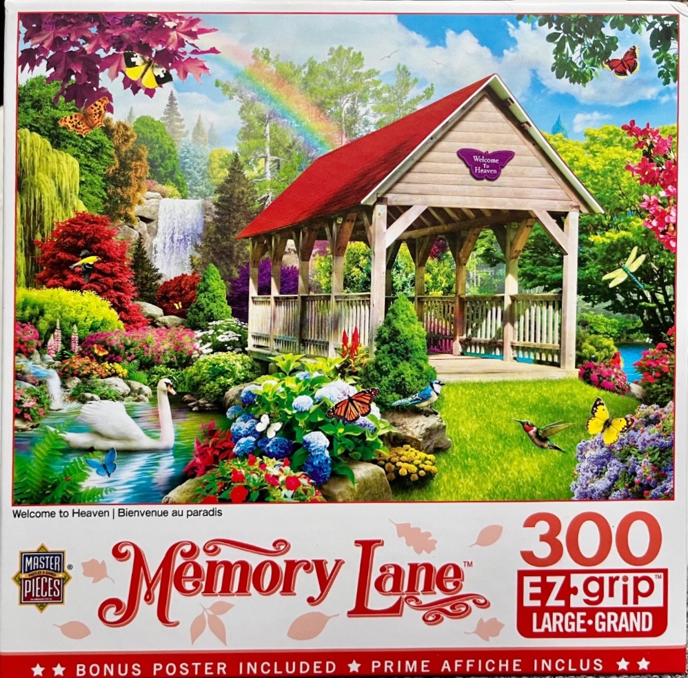 A covered bridge in a lush, magical garden filled with flowers, butterflies, a swan, and a waterfall.