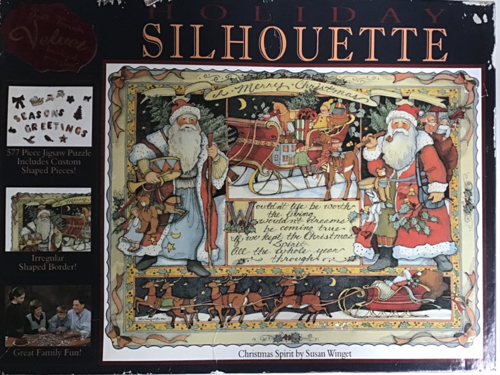 Illustration of two Santas, a sleigh with toys, and reindeer, surrounding decorative calligraphy text.