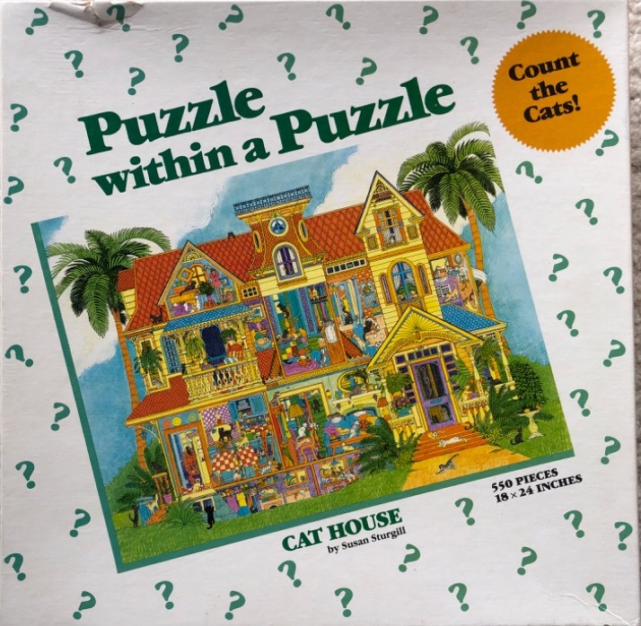 A colourful illustration of a Victorian-style house filled with many cats, surrounded by floating question marks.