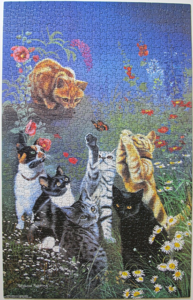 An illustration of six cats of various colours playing in a flower garden with a butterfly.