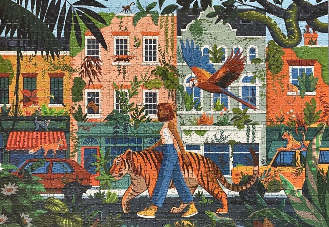 A woman walking a tiger down a city street overgrown with lush jungle plants and exotic animals.