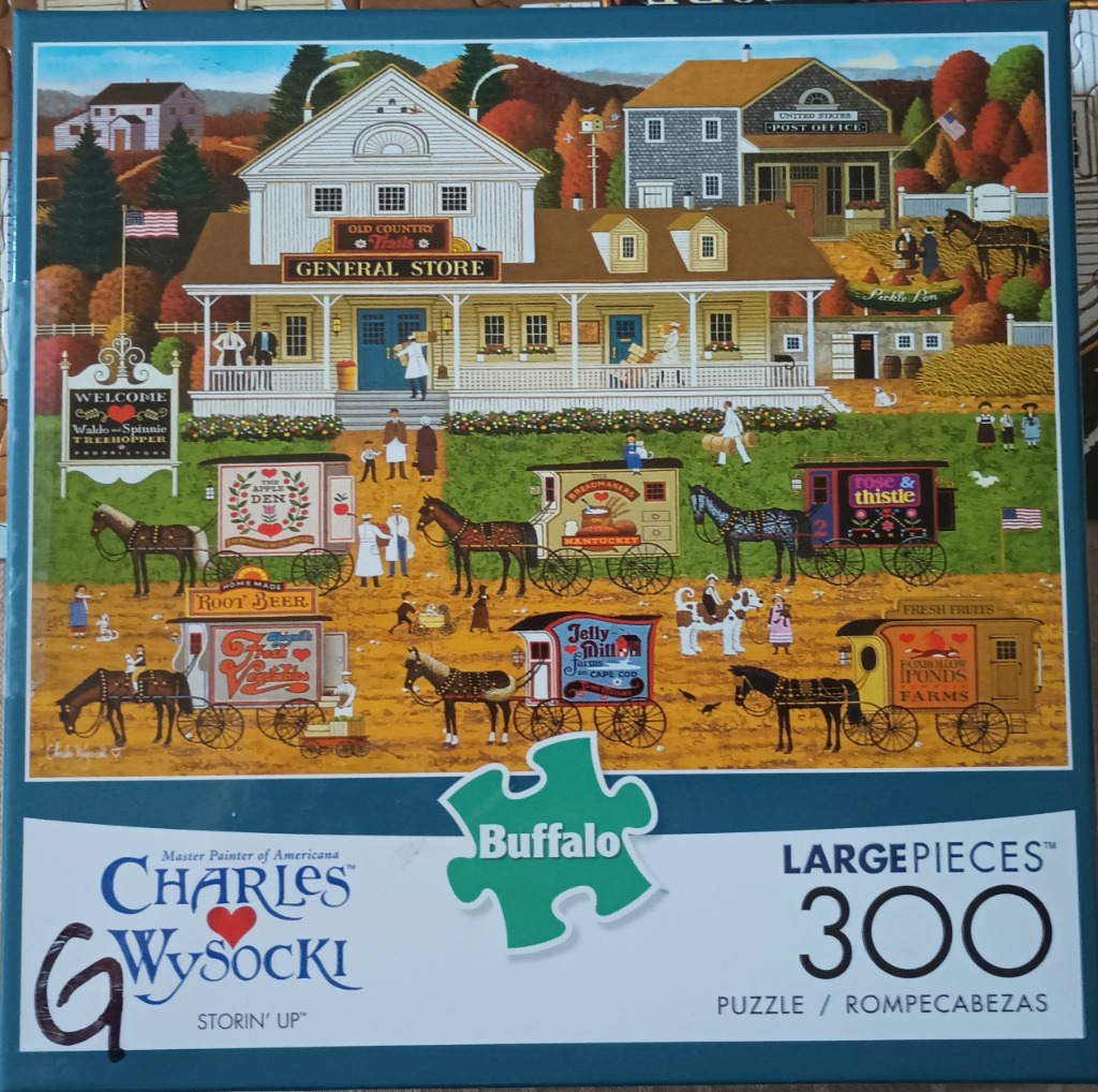 A nostalgic Americana folk art scene featuring horse-drawn wagons outside a country general store in autumn.