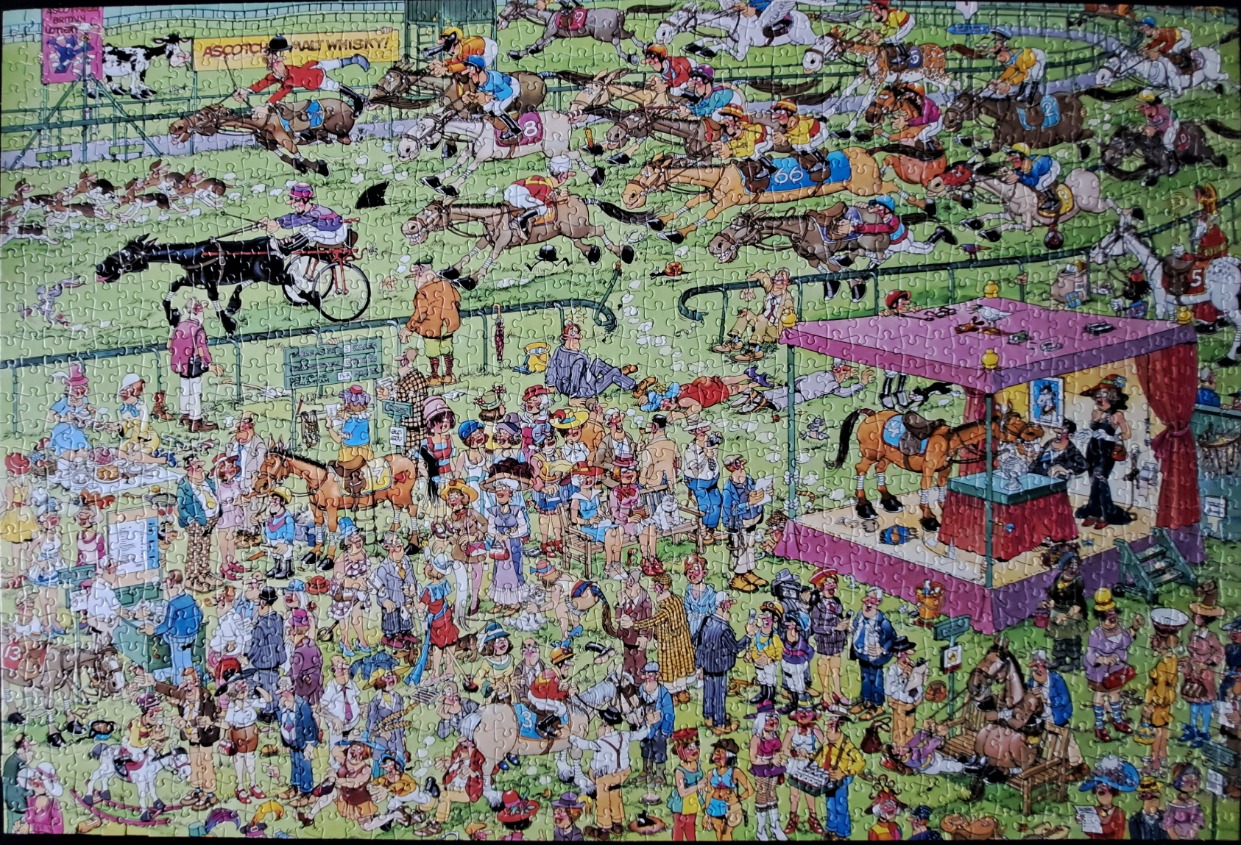 A busy cartoon illustration of a chaotic day at the horse races, featuring many spectators and horses.