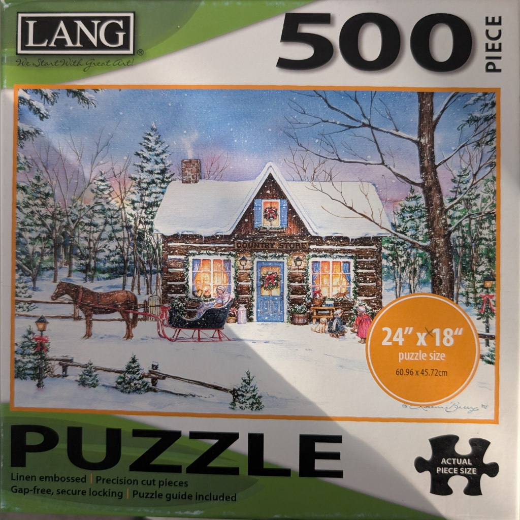 A winter scene of a log cabin country store with a horse-drawn sleigh, children playing in the snow, and pine trees.