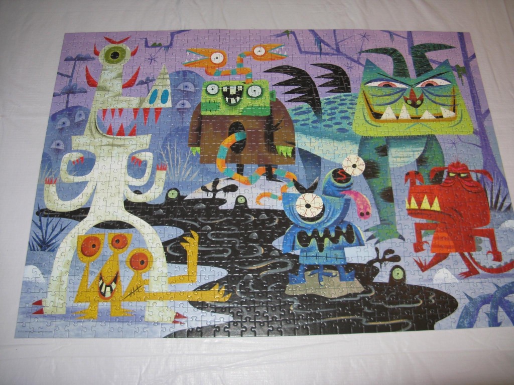 A whimsical illustration of six colorful cartoon monsters in a dark, stylized forest setting.