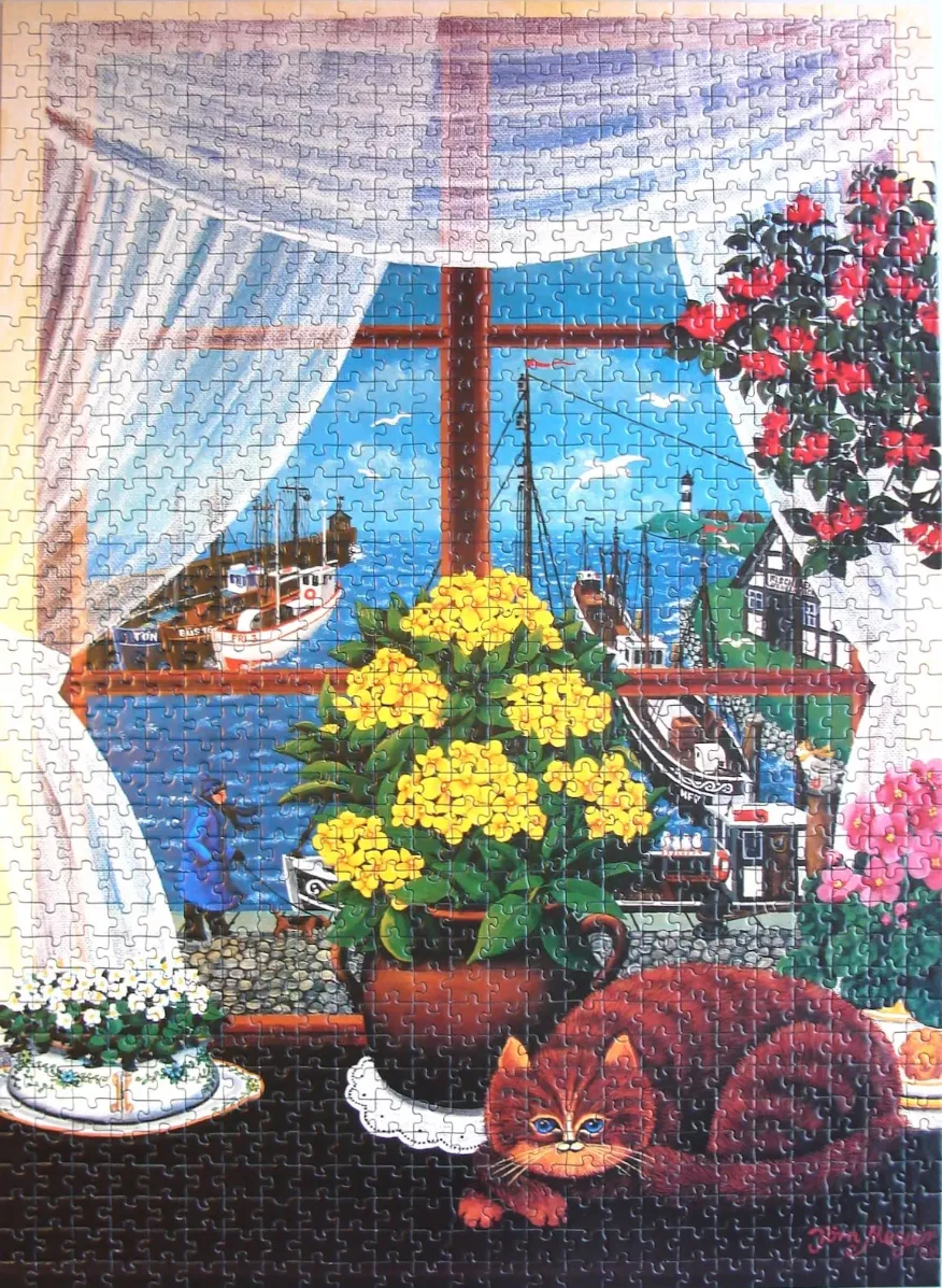 A cozy window view of a harbor with a sleeping cat and potted flowers in the foreground.