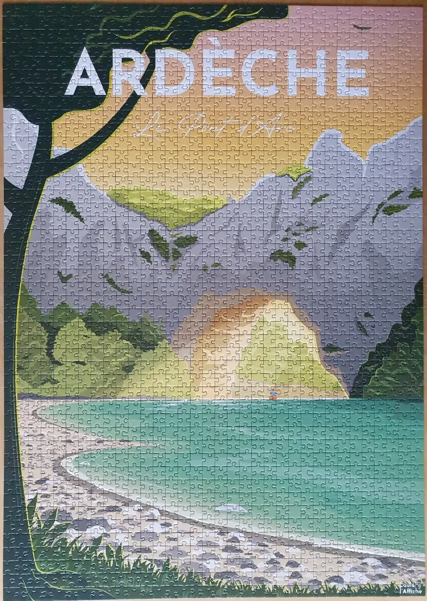 Travel poster illustration of the Ardèche natural arch over a turquoise river.