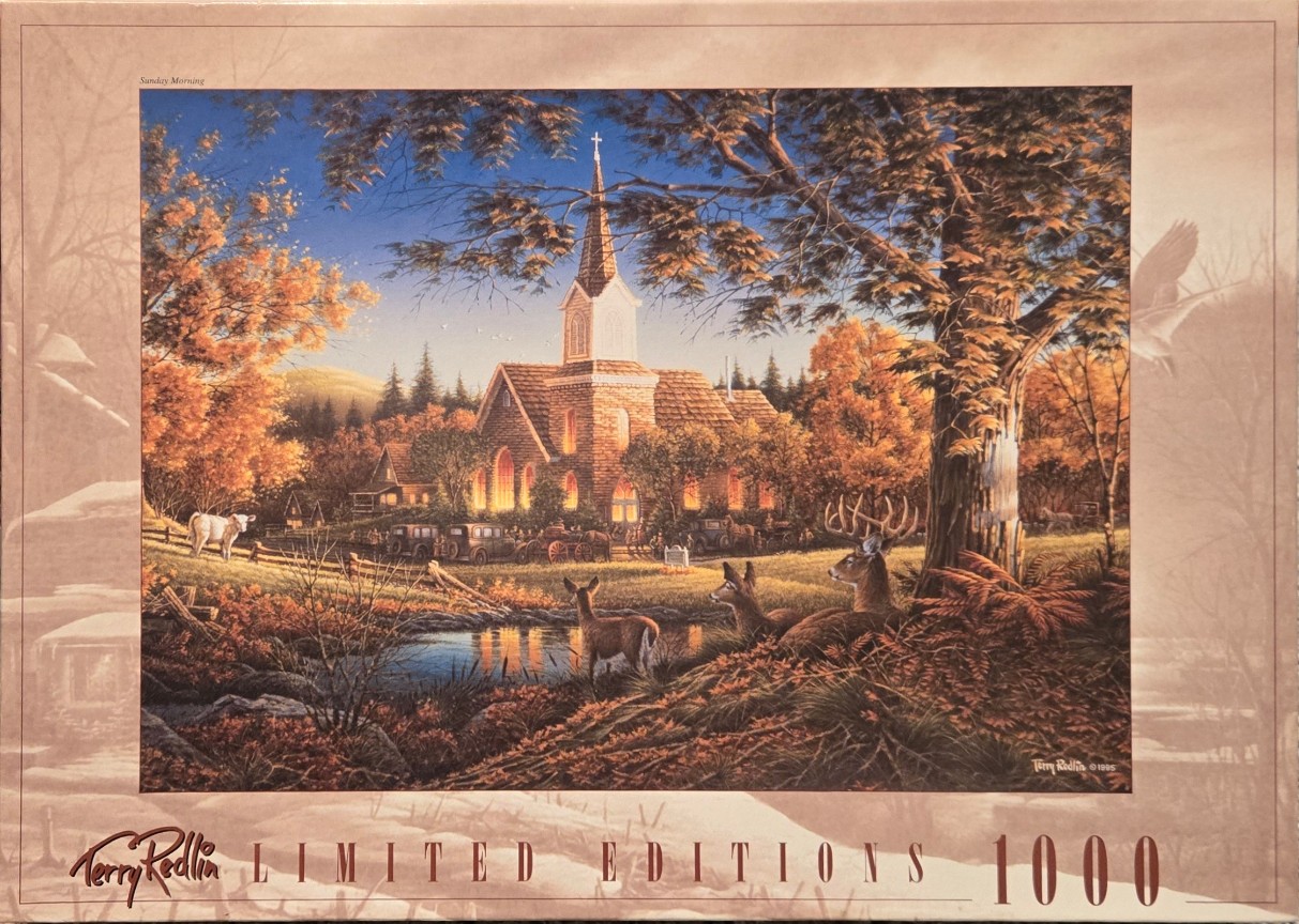 A pastoral landscape painting featuring an old church at dusk with deer in the foreground and golden autumn trees.