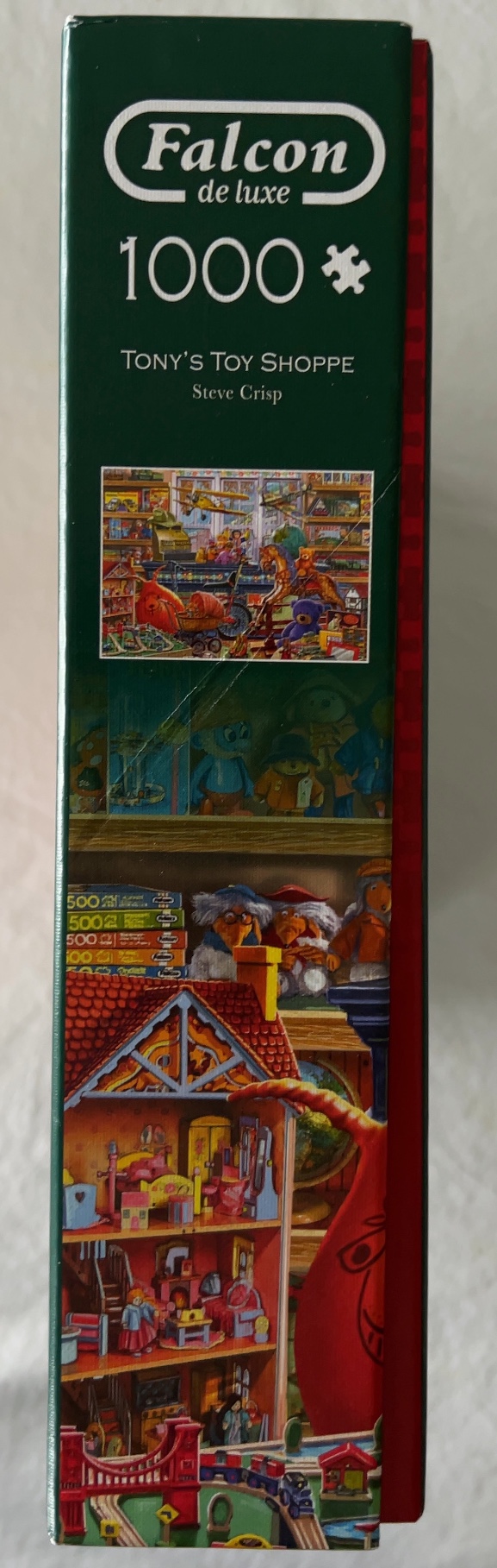 Vintage toy shop scene with toys, dolls, and trains in a detailed, colorful illustration.