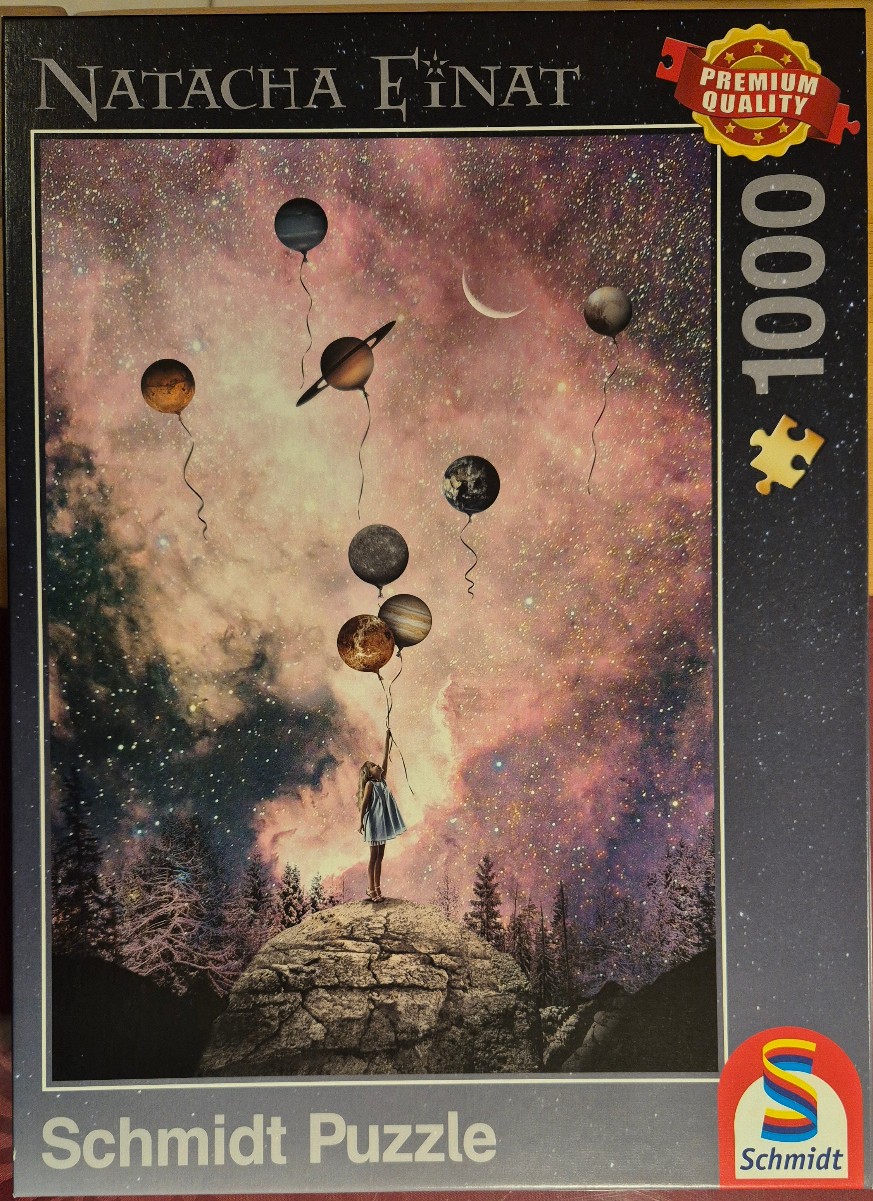 A girl standing on a rock holding a bunch of planet balloons against a nebula background.