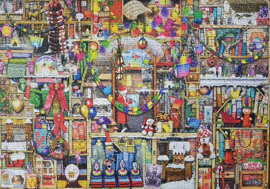 A whimsical, densely packed Christmas-themed illustration featuring countless holiday trinkets, figures, and decorations.