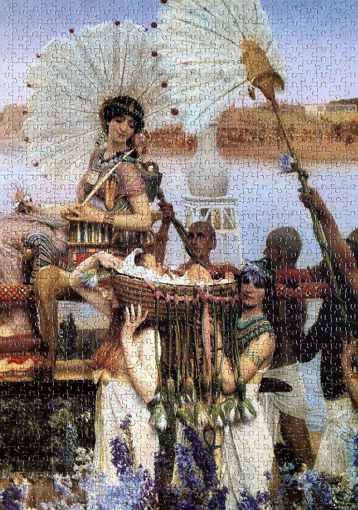 Classical painting depicting an ancient Egyptian scene with a woman in a palanquin and attendants carrying a basket.