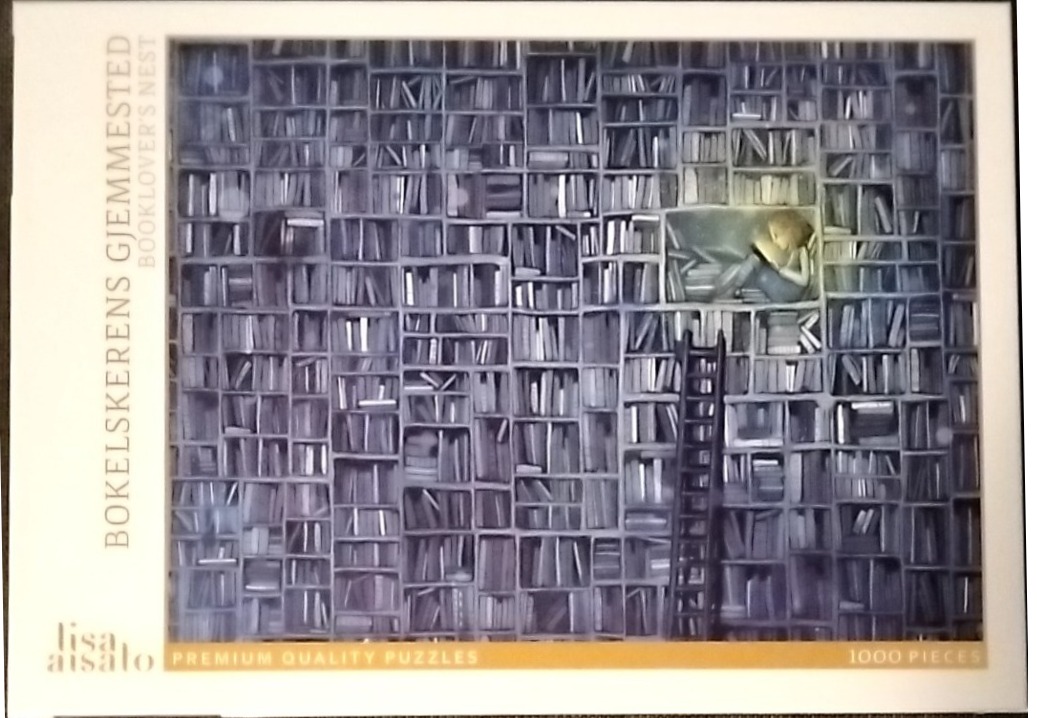 A whimsical illustration of a person curled up in a small, glowing nook within a massive, shadowy wall of bookshelves.