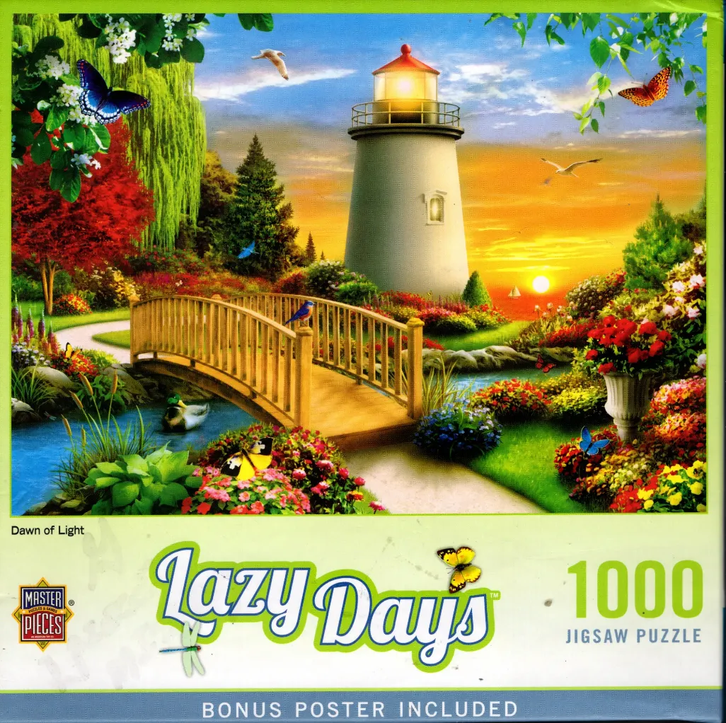 A lighthouse stands by a tranquil garden bridge at sunrise with vibrant flowers, ducks, and butterflies.