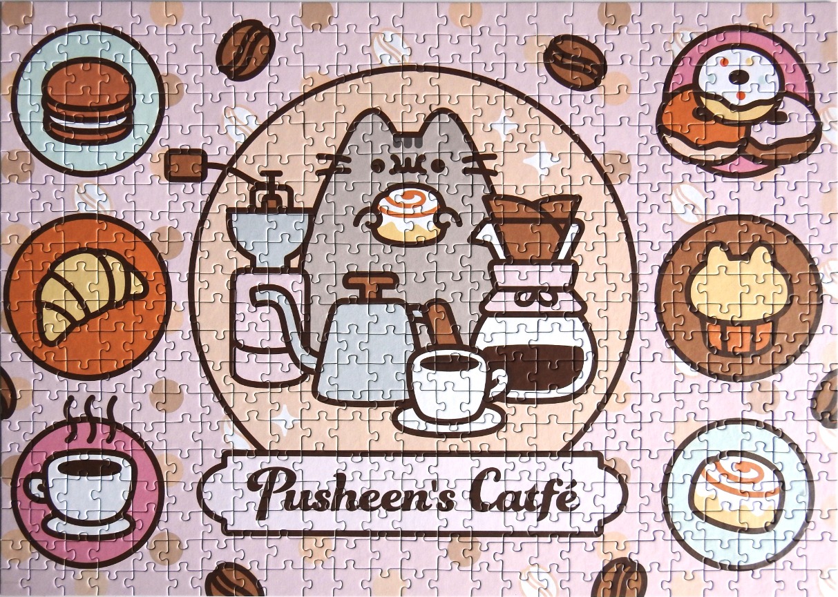 Cartoon illustration of Pusheen the cat in a café setting with various baked goods and coffee equipment.
