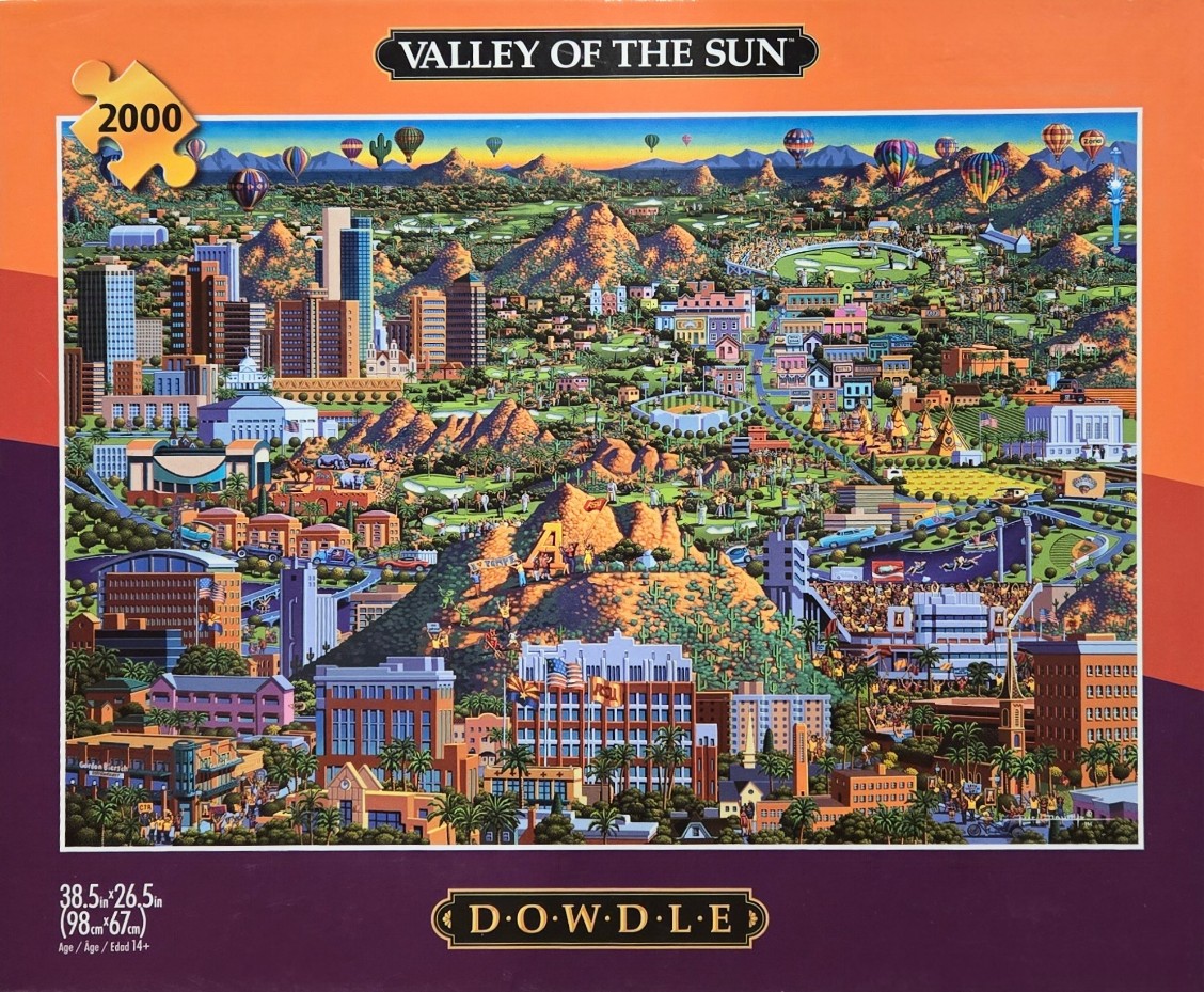An illustrated, vibrant aerial view of the Valley of the Sun featuring cityscapes, desert mountains, and hot air balloons.