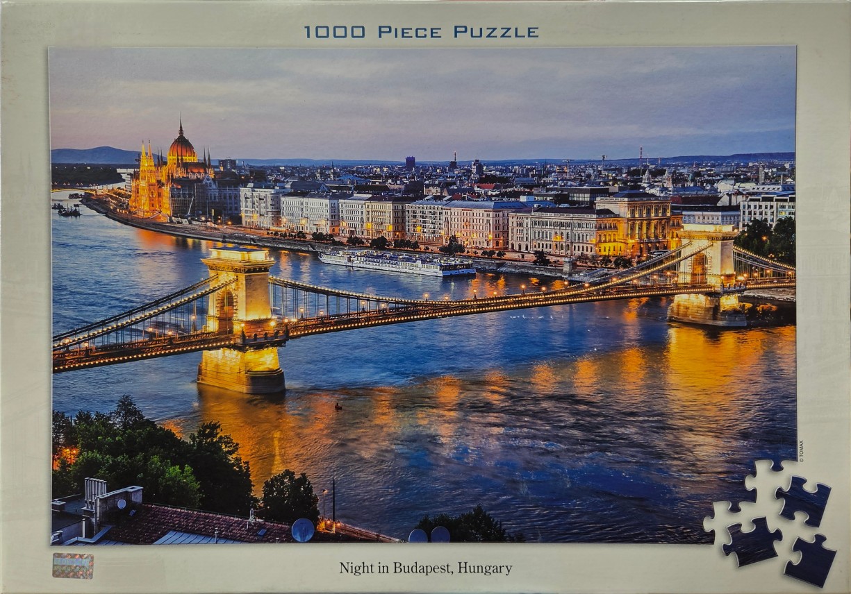 Panoramic view of the Széchenyi Chain Bridge and Hungarian Parliament Building in Budapest at twilight.