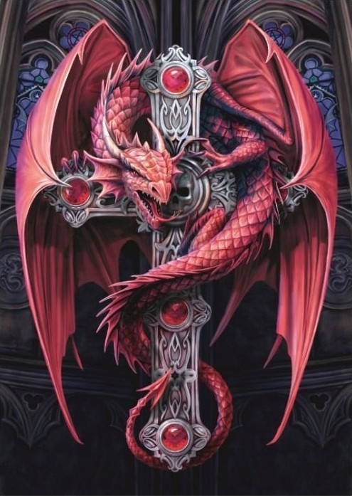 A detailed illustration of a red dragon coiled around an ornate, jeweled stone cross in front of gothic windows.
