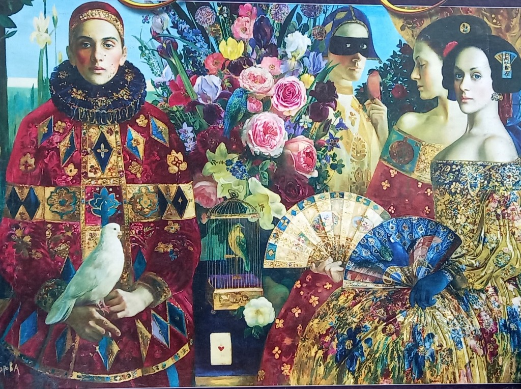 A Renaissance-style composition featuring a male harlequin with a white dove and women in ornate period attire and fans.
