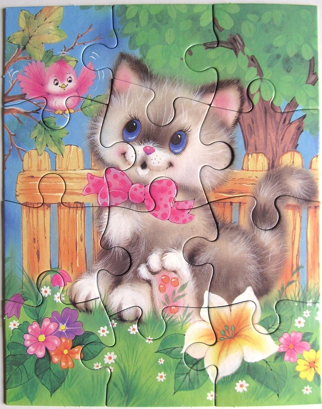 A whimsical illustration of a fluffy kitten with a pink bow sitting in a flower garden.