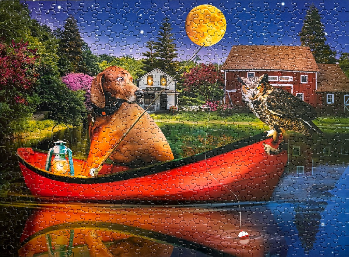 A red canoe on a lake at night containing a brown dog and an owl with a large moon overhead.