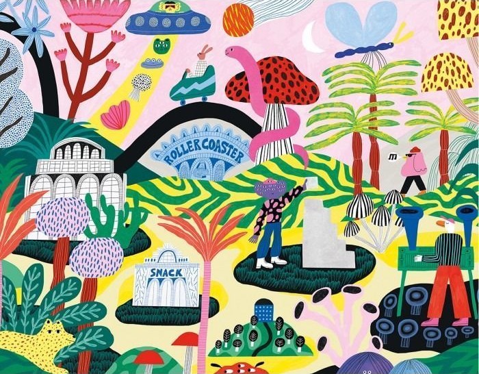 Whimsical, colorful illustration of a surreal landscape featuring UFOs, a roller coaster, and fantastical creatures.