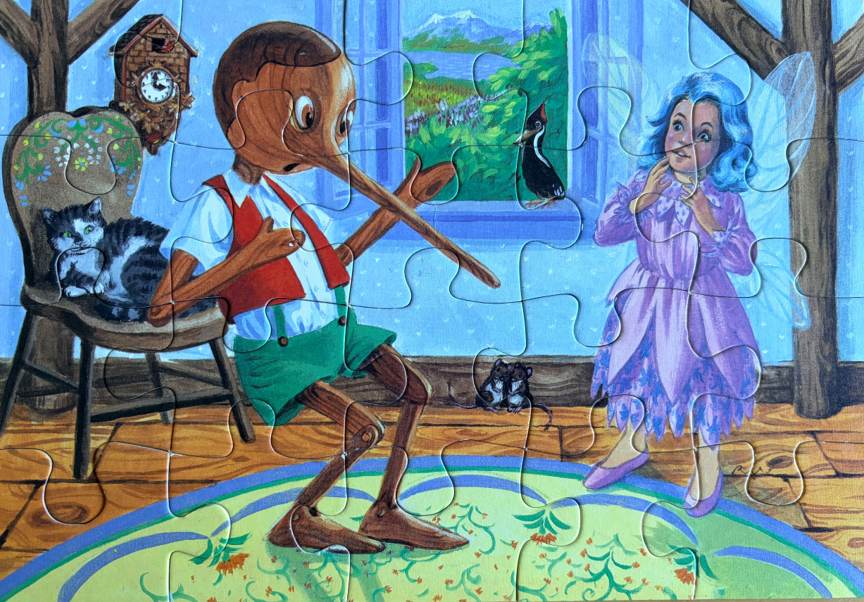 Pinocchio and the Blue Fairy in a rustic wooden attic room
