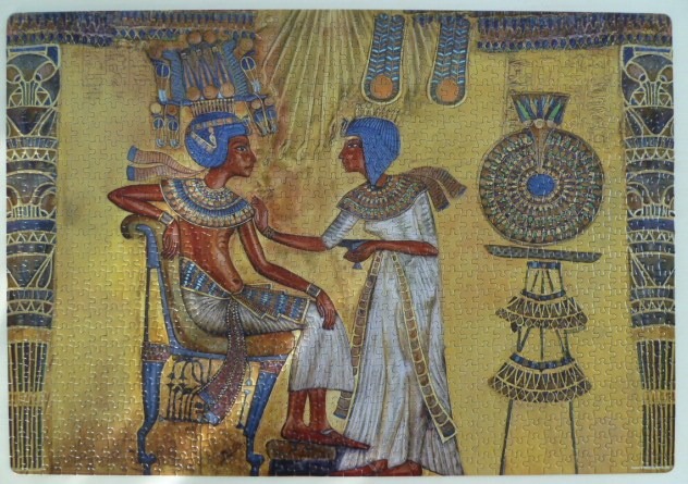 Ancient Egyptian style illustration of a king seated on a throne being offered a cup by a woman