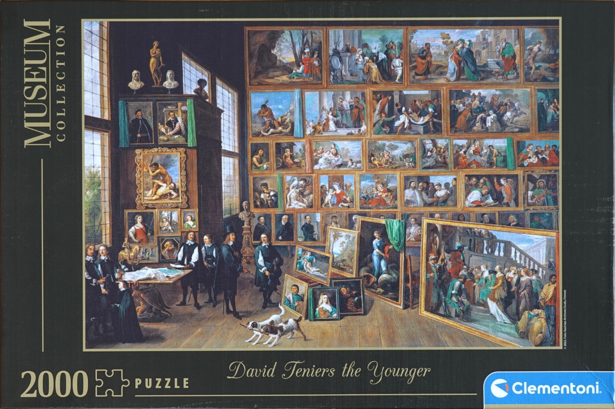 An oil painting of a crowded art gallery featuring a wall filled with many framed classical paintings.