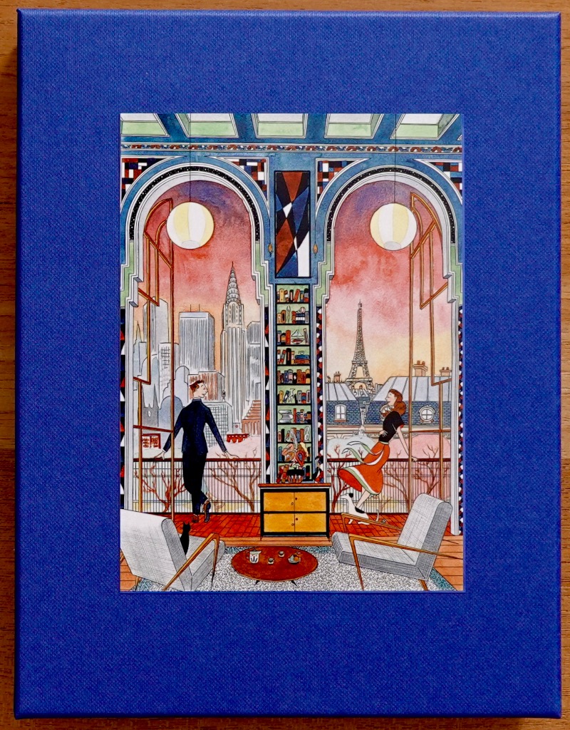 Stylized art deco illustration showing a couple in a room looking out at views of New York and Paris simultaneously.