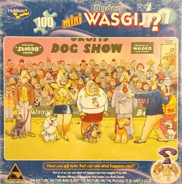 Cartoon illustration of a chaotic dog show competition with various owners and pets.