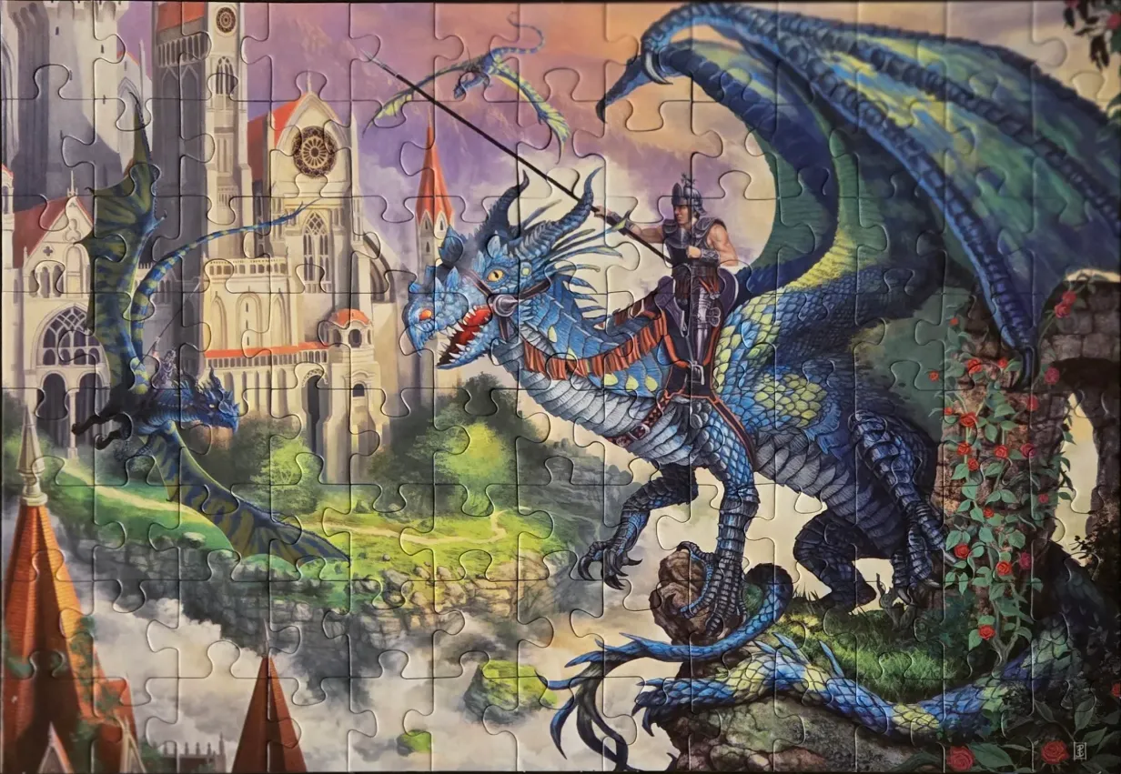 A fantasy illustration of a knight riding a blue dragon near a medieval cathedral.