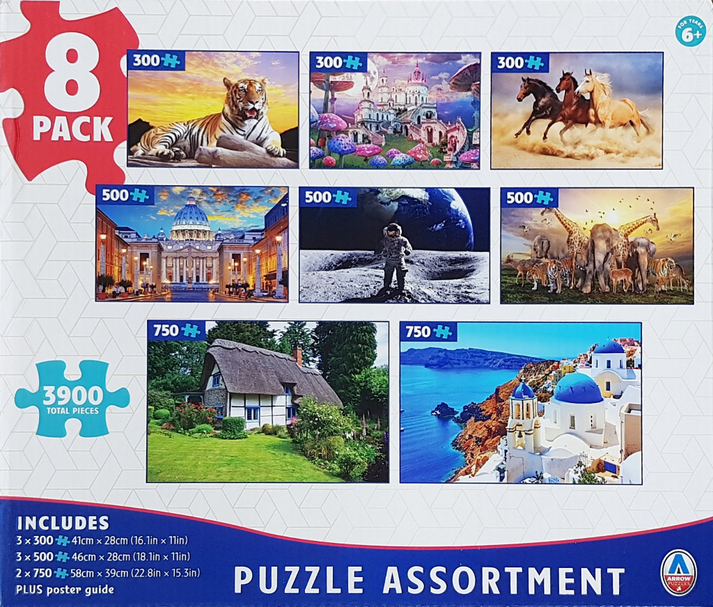 A collection of eight diverse scenes including animals, landmarks, a fantasy castle, and an astronaut.