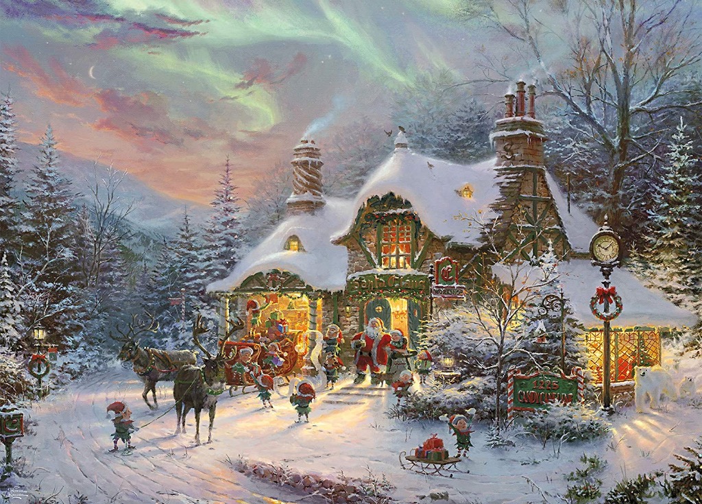 A whimsical snow-covered workshop scene featuring Santa Claus, elves, and reindeer under the aurora borealis.